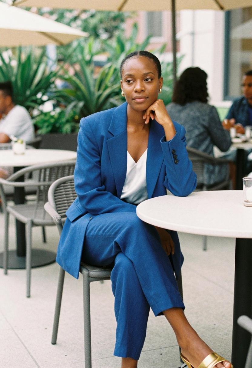 Cobalt blue blazer with tailored linen trousers for church polish and brunch ease