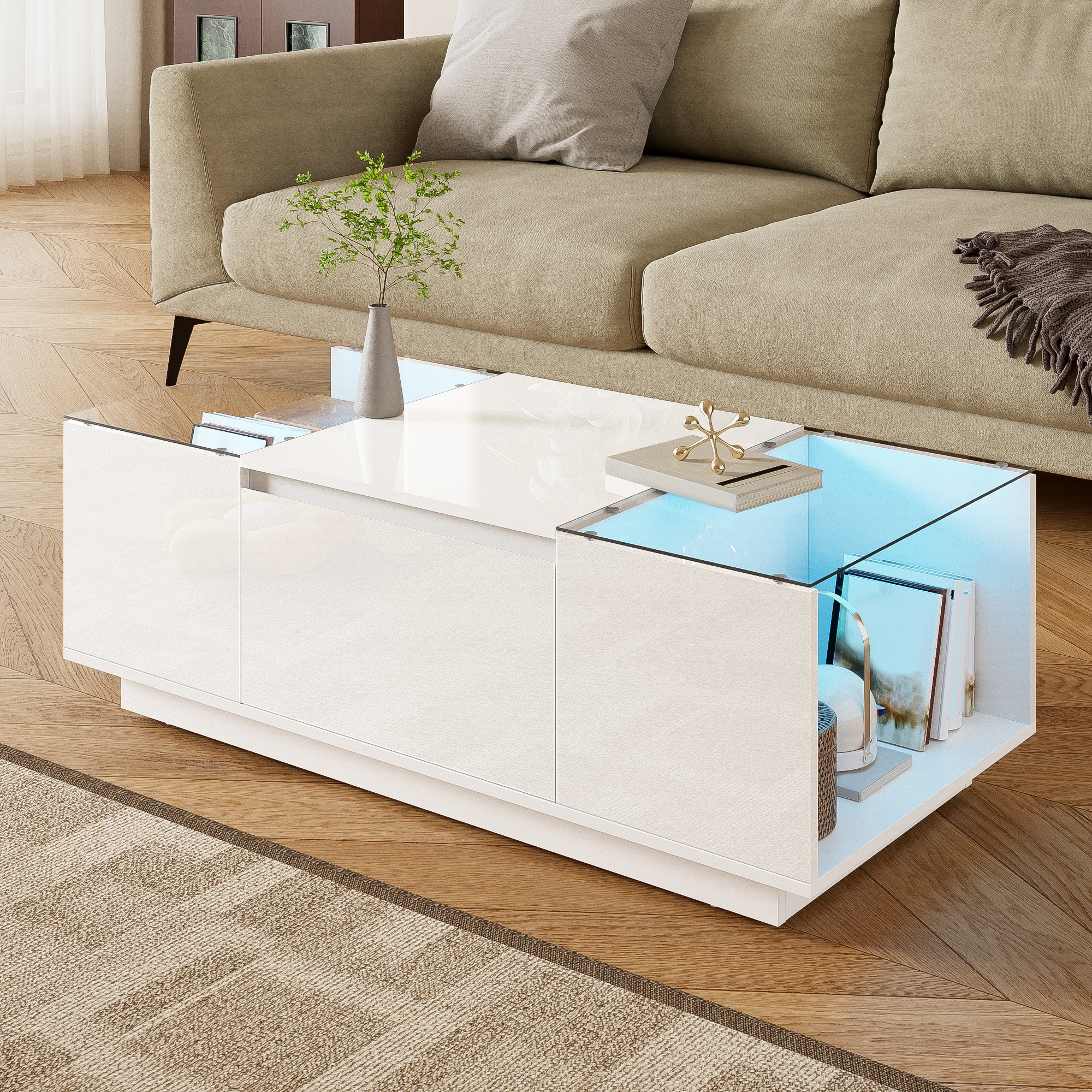 Table Basse Blanc, 2 Tiroirs, Rangement, Éclairage LED, Gestion des Câbles, Portes Vitrées, Design Moderne - 105x50x35cm - Salon 4
