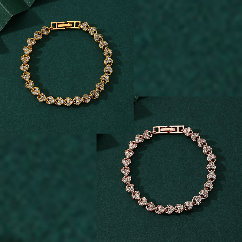 2-piece Aureate and Rose Gold Luxury Crystal Heart Tennis Bracelet - European Roman Style Pave CZ Diamond Link Chain - Elegant Gold Silver Rose Gold Plated Fashion Jewelry for Women