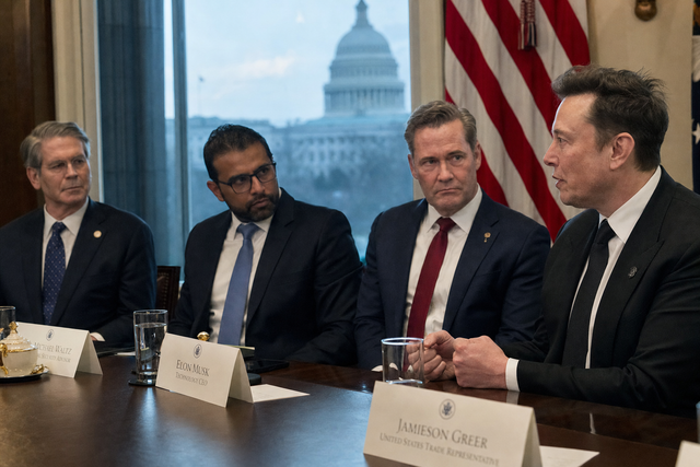 Photorealistic photojournalistic image of a high-level meeting at the White House between a technology chief executive and senior government