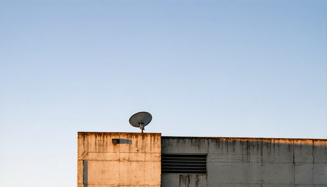 A minimalist concrete building against a bright California sky, its roofline cutting the horizon, with a single satellite dish on the roof pointing upward.