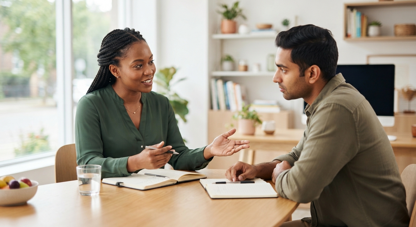 Deux personnes, un homme et une femme, discutent sérieusement à une table, évoquant une consultation ou un échange professionnel.