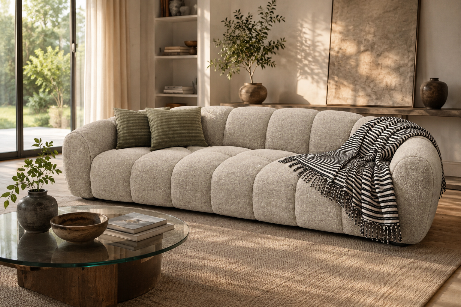Luna Curved Bouclé Sofa – Ivory White