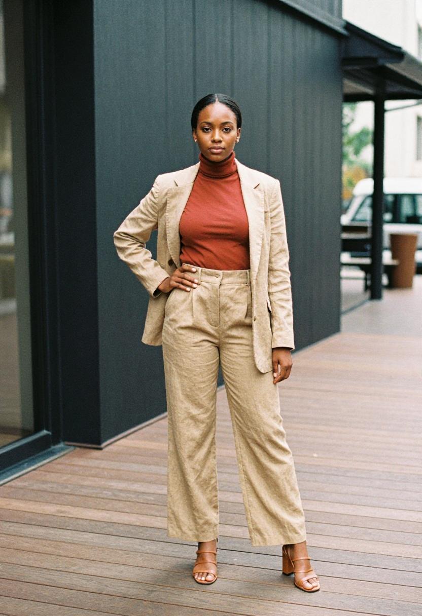 Terracotta turtleneck tucked into wide-leg trousers under a longline sand blazer for a polished spring statement