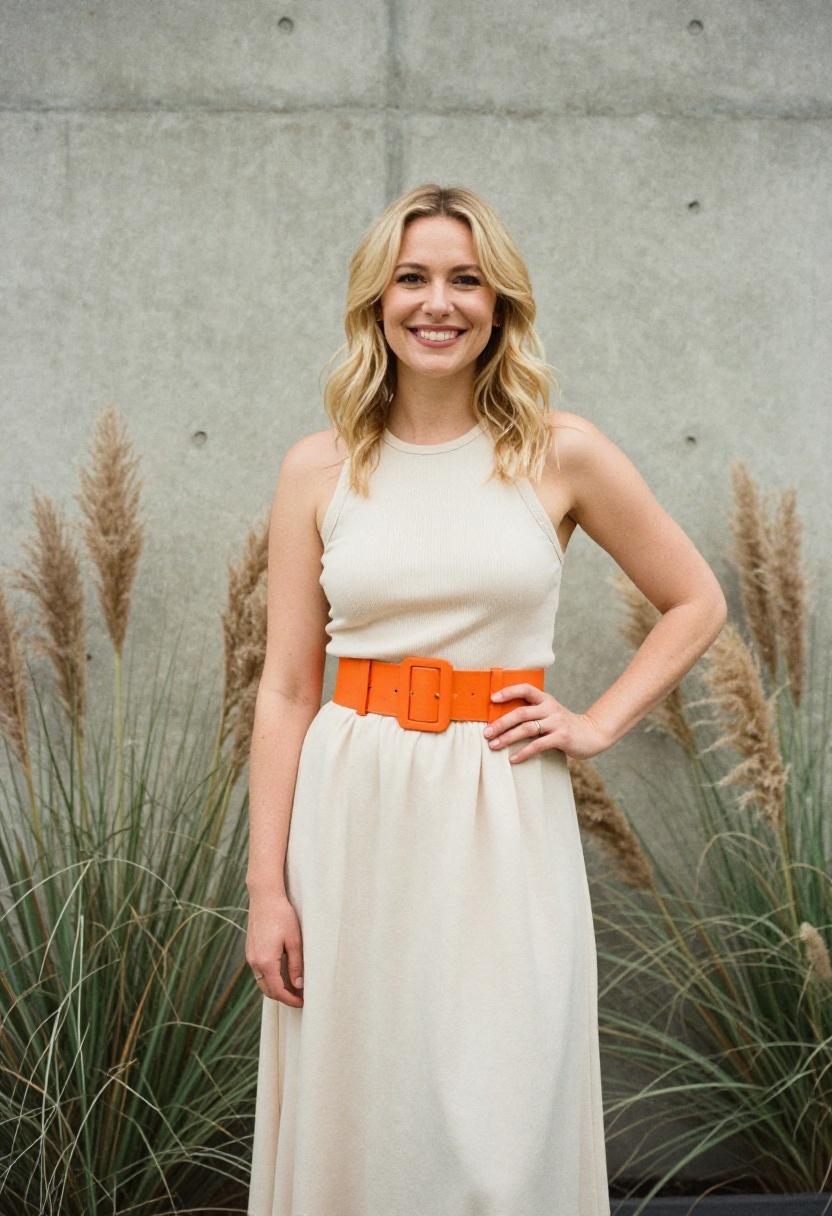 Tangerine orange wide belt over flowy midi skirt for waist-accenting weekend contrast