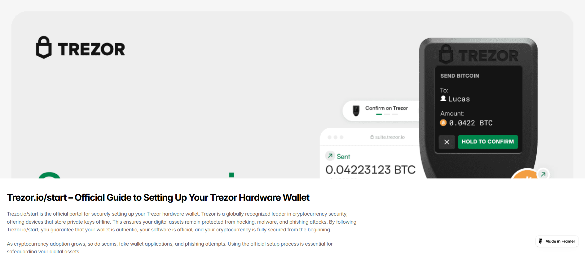 Forensic screenshot of started-trezerio.framer.ai showing the phishing page layout