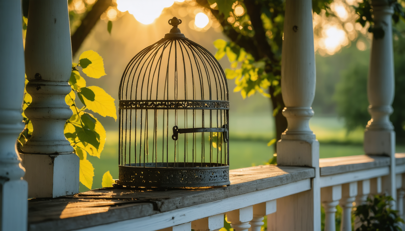 An empty birdcage sitting on a wooden porch railing at dawn, all latches still fastened shut.