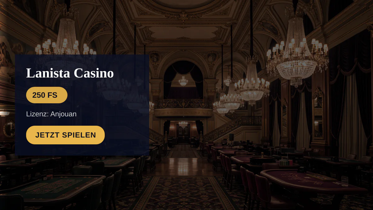 Lanista Casino — Willkommensbonus 50% risikofrei bis 50 € + 250 FS, Zahlungen: Visa, Mastercard, Paysafecard, Sofort, Interac