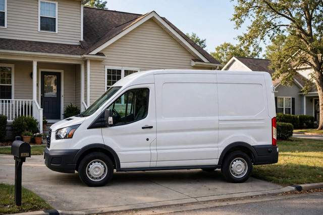 Plumbing service van at a suburban home