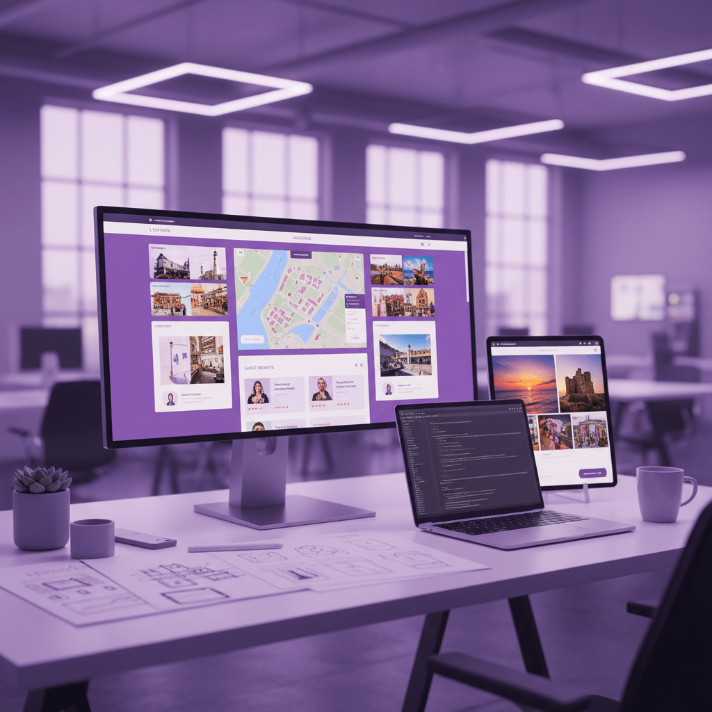 Hotel website planning with map, reviews, and local landmarks
