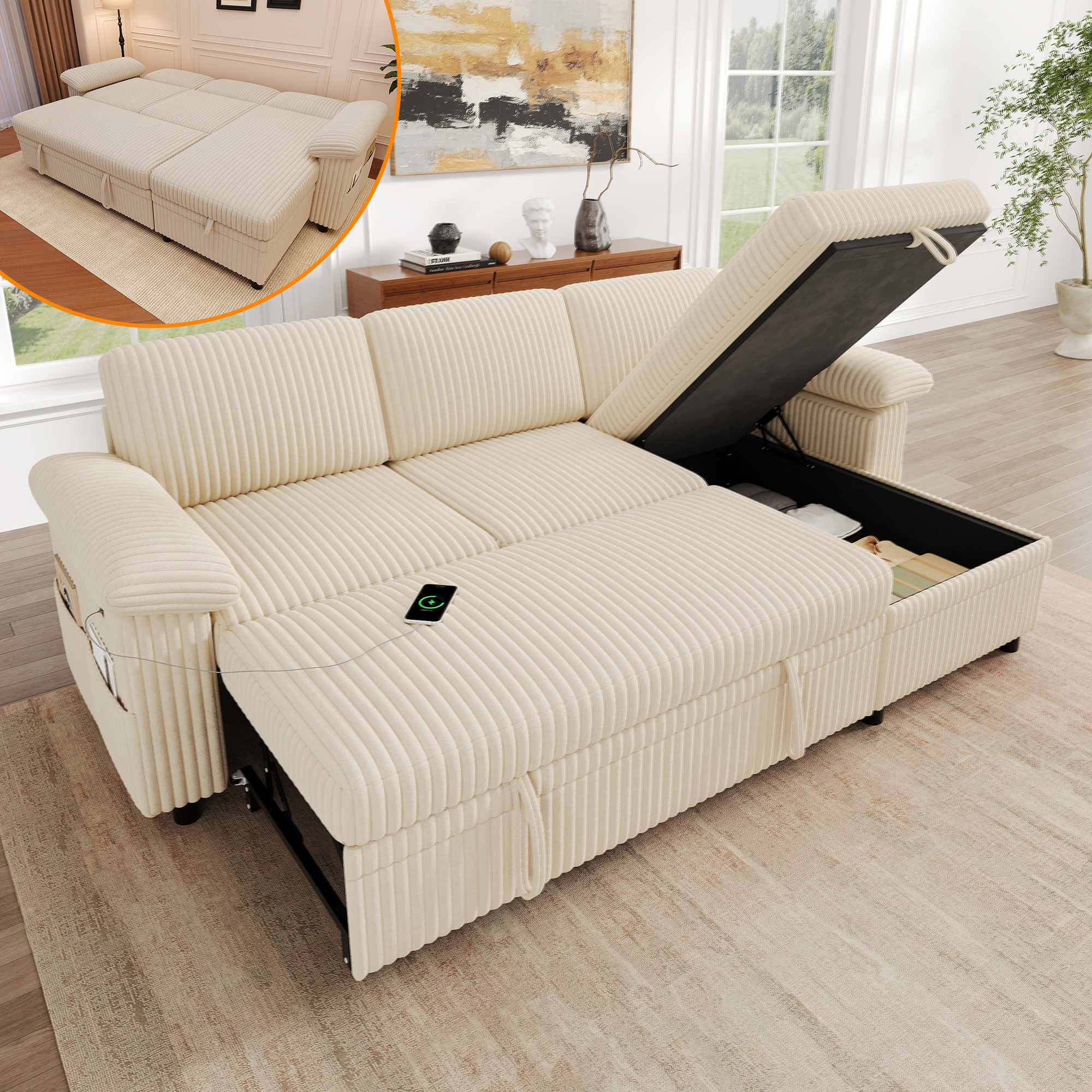 Canapé d'angle convertible beige - vue principale
