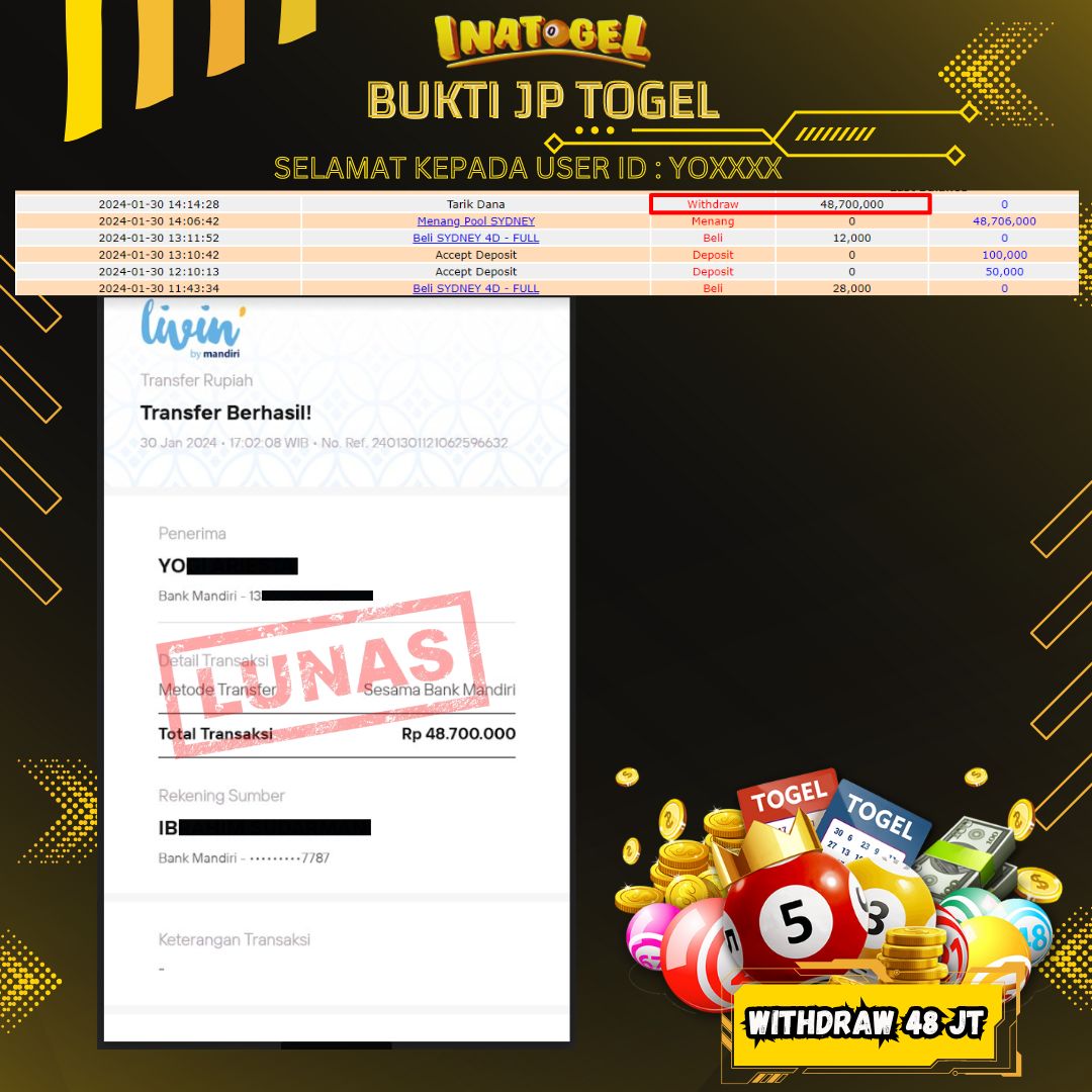BUKTI PEMBAYARAN JP TOGEL SYDNEY Rp48,000,000,- LUNAS