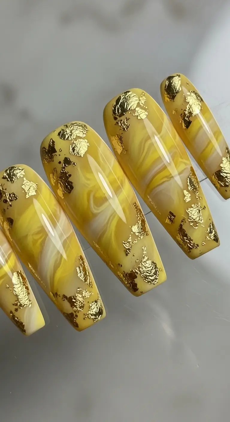 Butter Yellow Marble with Gold Flakes Coffin Nails