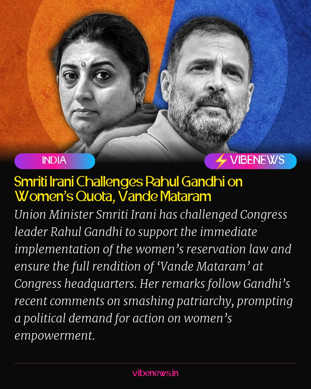 Smriti Irani Challenges Rahul Gandhi on Women’s Quota, Vande Mataram