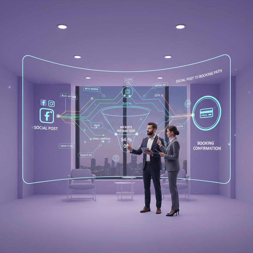 Hotel owner and marketer analyzing social media attribution and booking journey