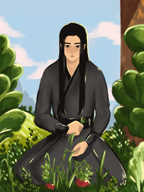 Ling Wen in male form gardens alone. There are radishes. 