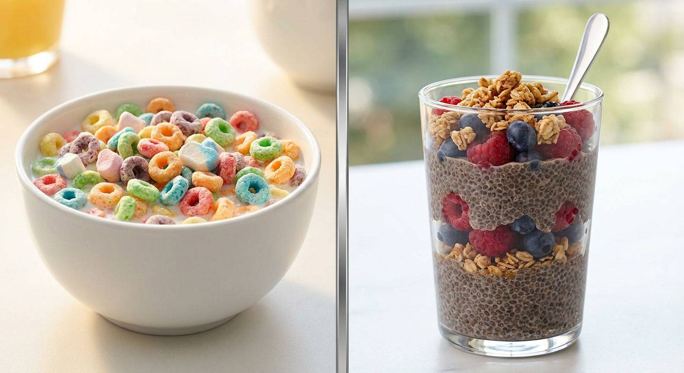 Przetworzone platki kontra pudding chia.