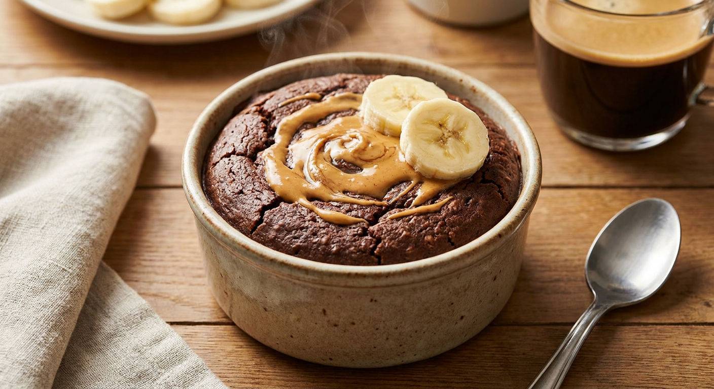 Pieczona owsianka czekoladowa z bananem i maslem orzechowym.