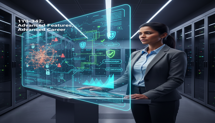 1Y0-342: Advanced Features, Advanced Career A network architect viewing a holographic display comparing a basic network infrastructure with an optimized one, representing the career benefits of mastering Citrix NetScaler advanced features for the 1Y0-342 exam.