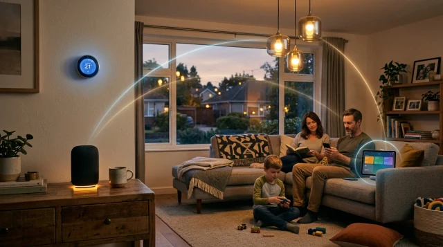 Cozy modern living room with interconnected smart home devices glowing warmly at dusk