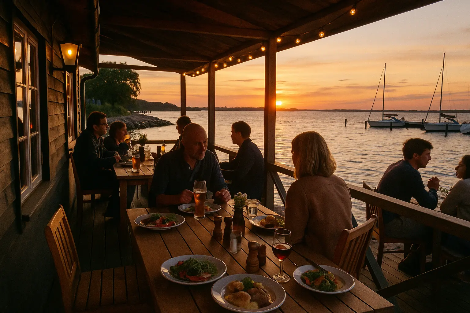 Hyggelig restaurant ved vandet på Fyn med gæster, der nyder mad og drikke i solnedgangen