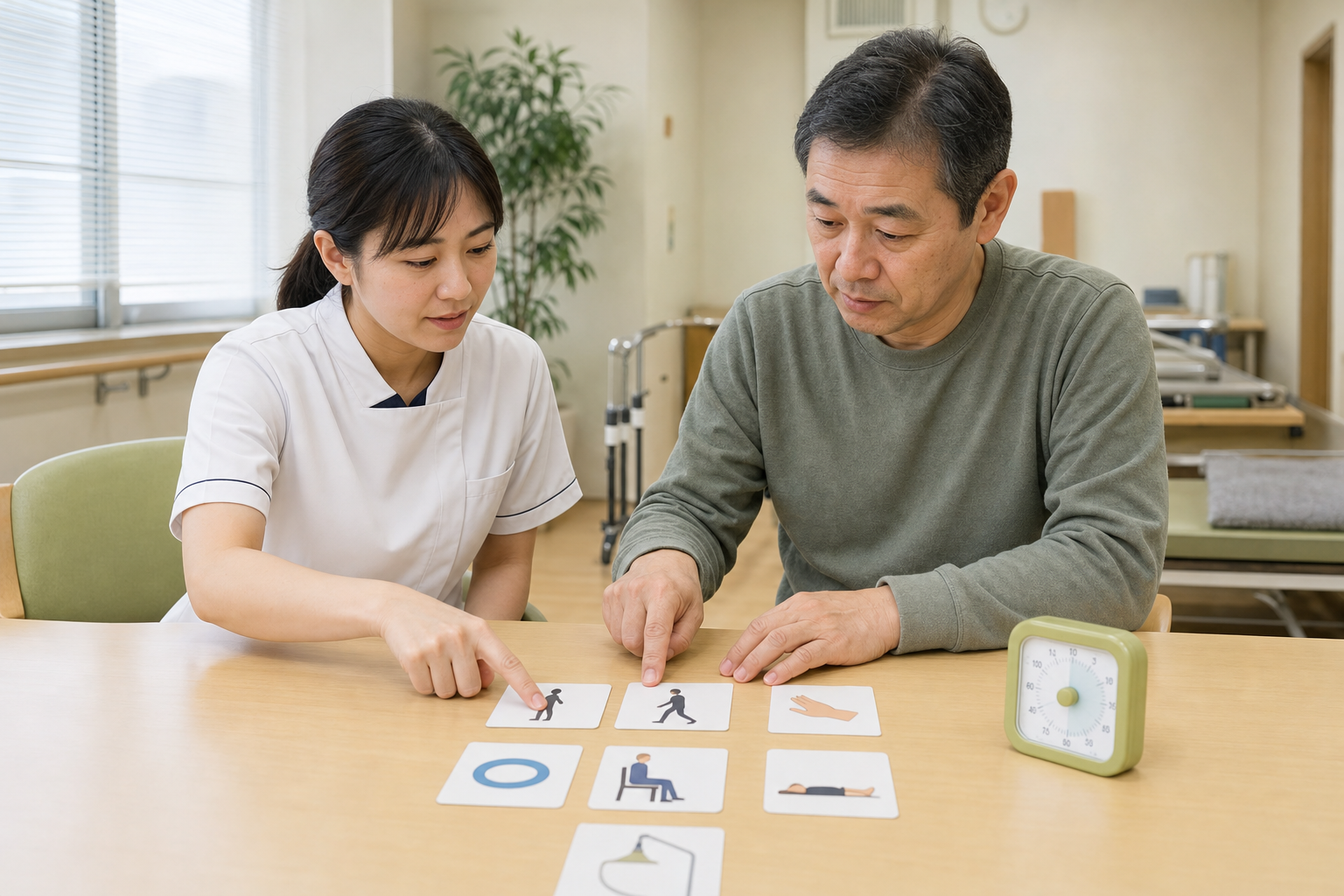 自宅での練習計画を作業療法士と一緒に確認する脳卒中後の方