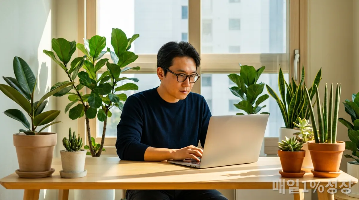 30대 한국인이 밝고 미니멀한 홈 오피스 책상에서 노트북으로 집중하여 작업하는 모습, 식물로 둘러싸인 배경