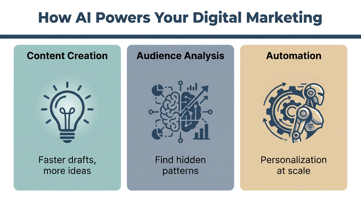 Three-column infographic illustrating how AI powers digital marketing through Content Creation, Audience Analysis, and Automation at scale