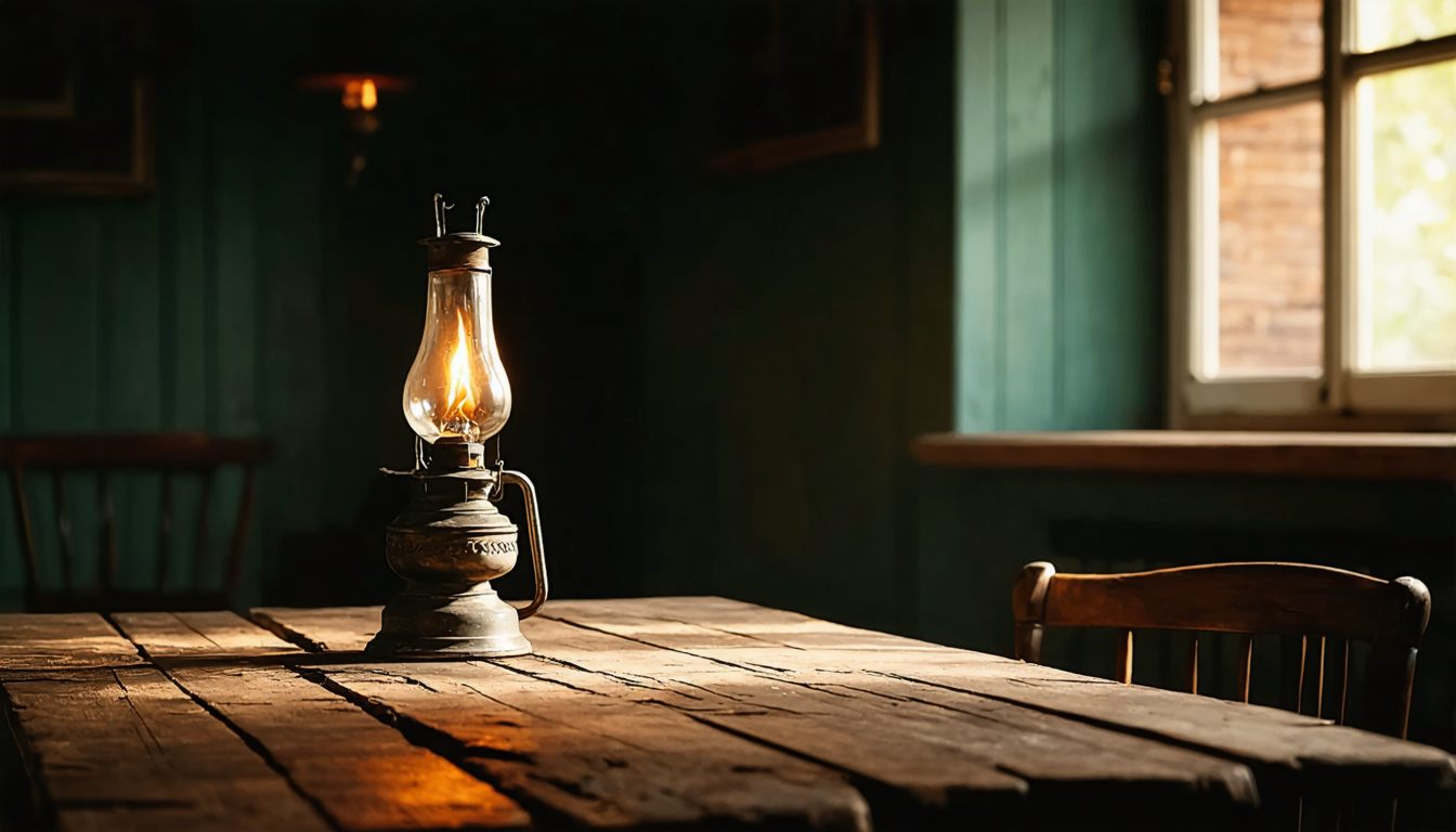 A single lit oil lamp on a worn wooden table in a dark room, its glow falling on the surface while the surrounding hands and faces stay in shadow.