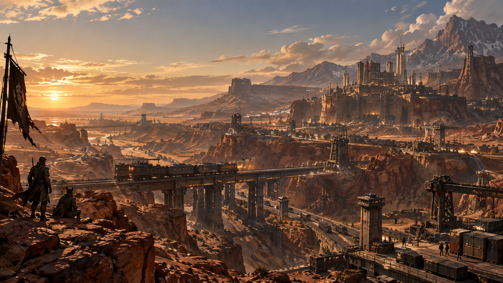 The desert landscape, rail infrastructure and fortress settlements of the Pecos Crown