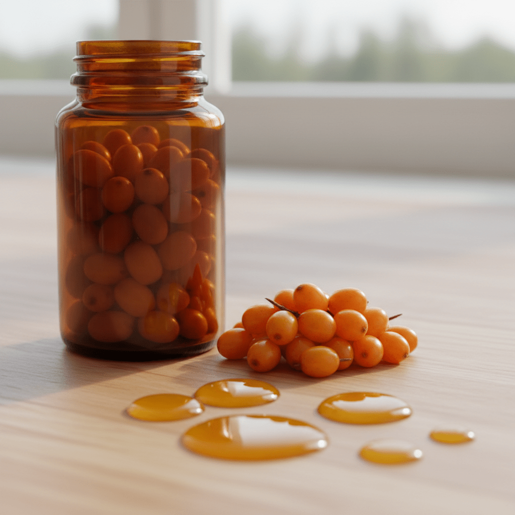 Sea buckthorn supplement bottle with fresh berries and oil drops