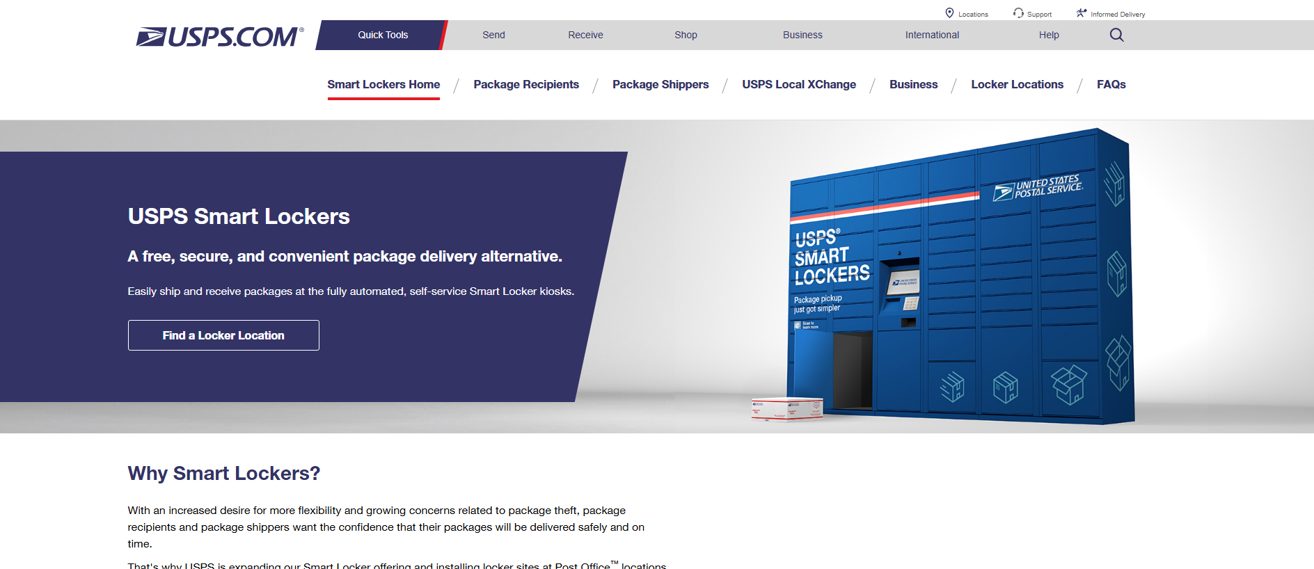 Forensic screenshot of uspssmartpackagelockers.com showing the phishing page layout