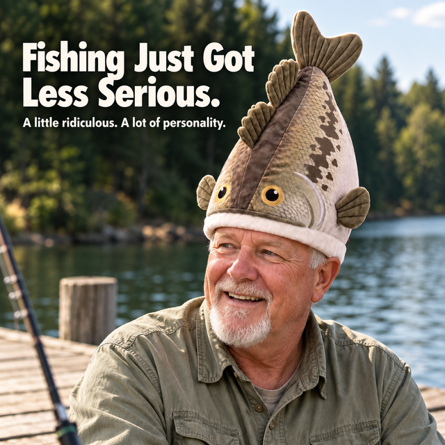 Smiling angler wearing the bass hat beside a lake