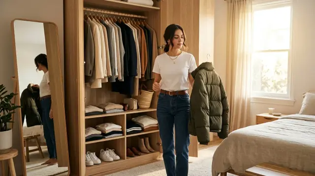 Woman selecting from a curated capsule wardrobe in warm morning light, confident and relaxed