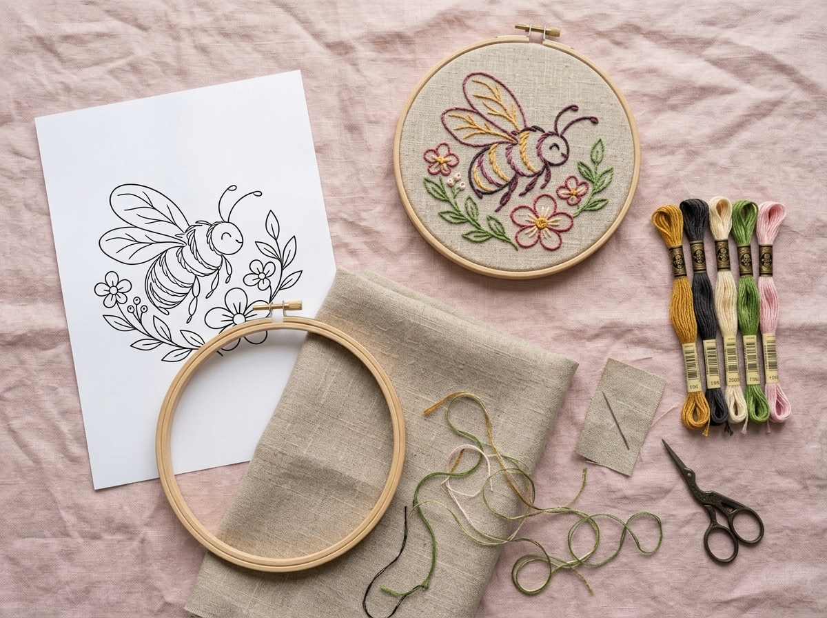 Bee & Wildflowers Hoop materials arrangement