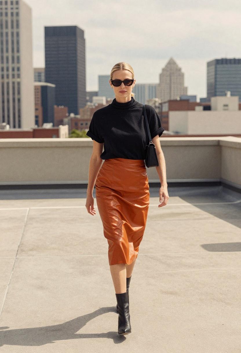 Burnt orange leather midi skirt with heeled black boots on rooftop