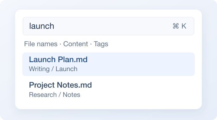 Search illustration: a launch query finds files using their names, indexed content, and tags.
