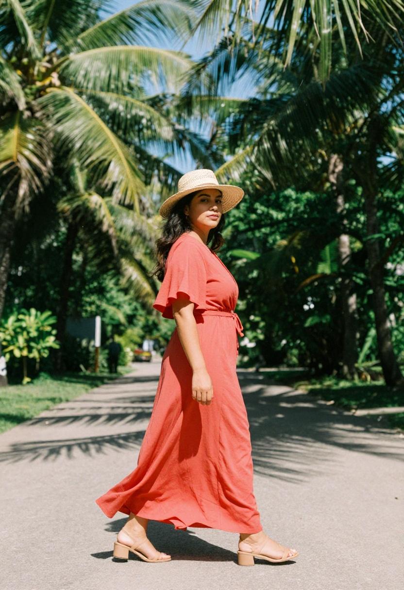 Coral red wrap maxi dress with flutter sleeves moving mid-stride in a tropical fall setting