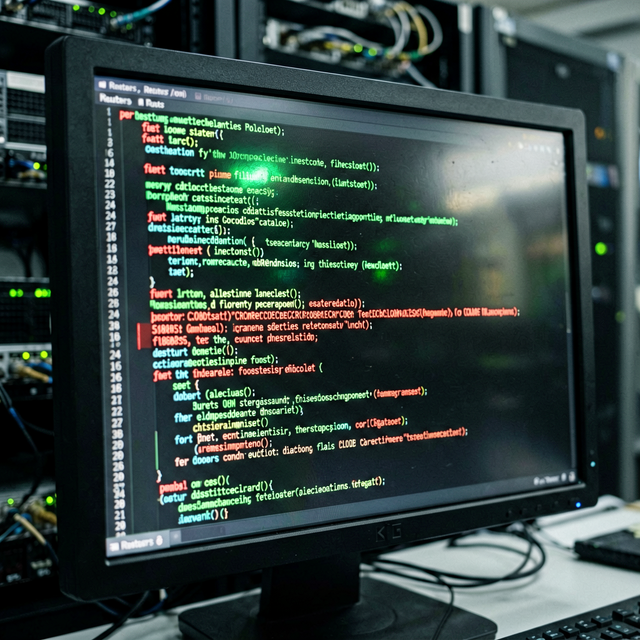 Macro close-up of a computer screen displaying code and security alert notifications in a dark server room, green and red text reflections o