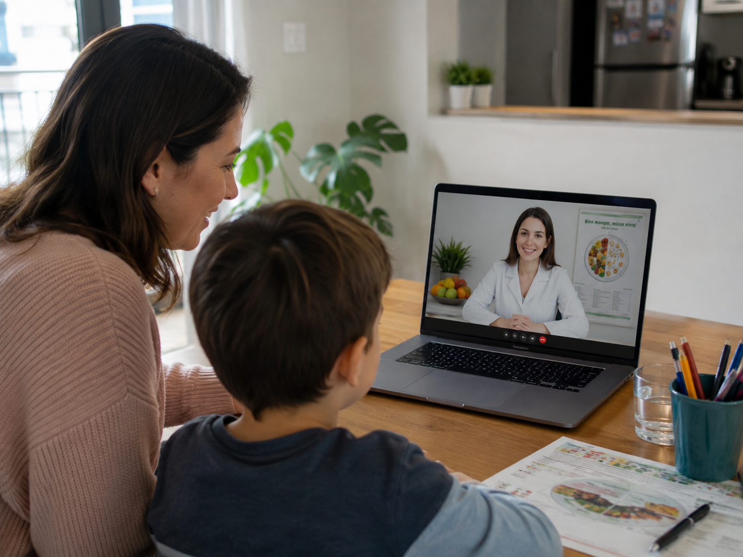 Mère et enfant souriants en visioconférence avec une diététicienne sur un ordinateur portable, illustrant une consultation en ligne.