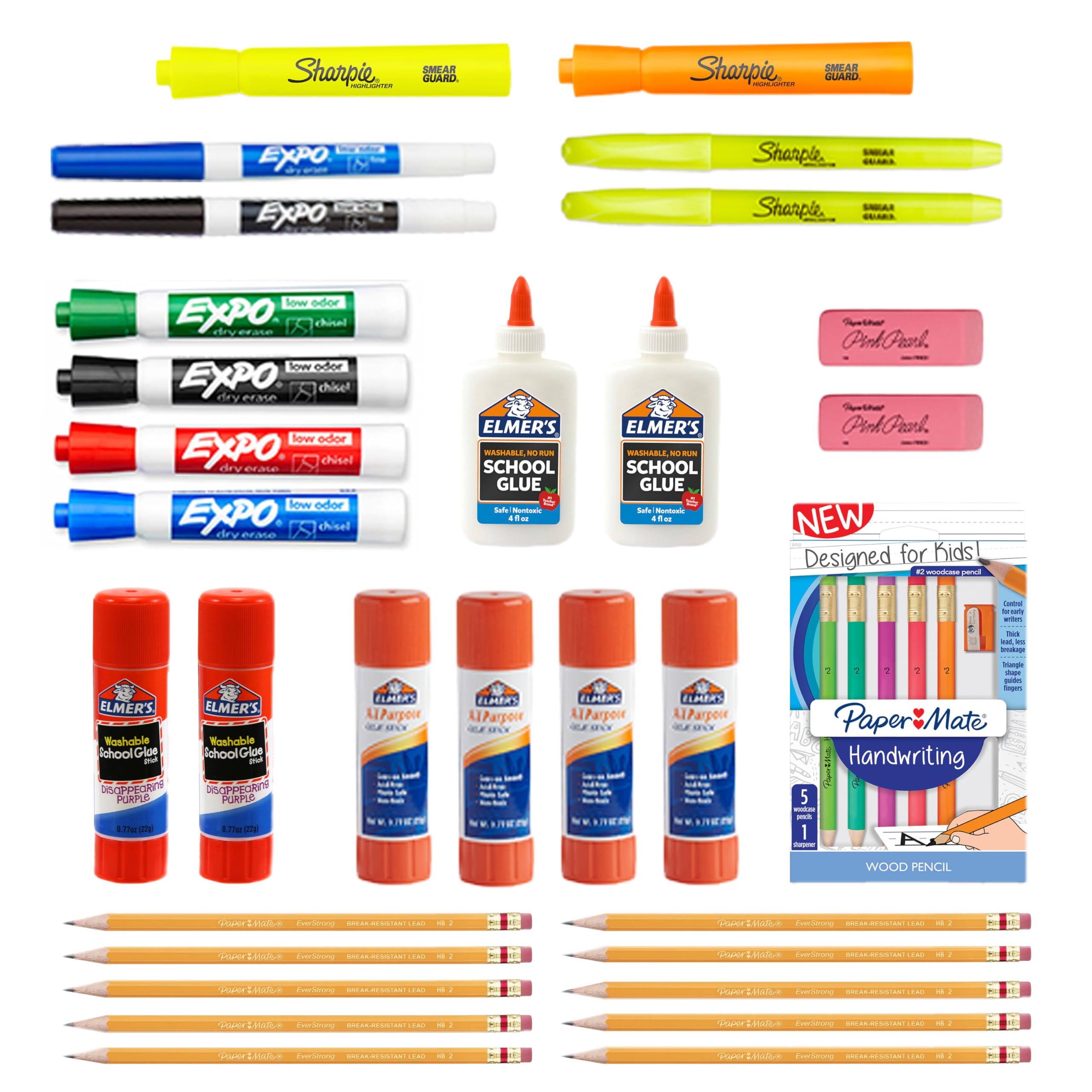 Sharpie School Supplies Variety Pack, My First All in One Pack, Expo, Paper Mate, Elmer’s Glue Sticks, Pourable Glue, Pencils, Dry Erase, Markers, Highlighters, and More, 31 Count