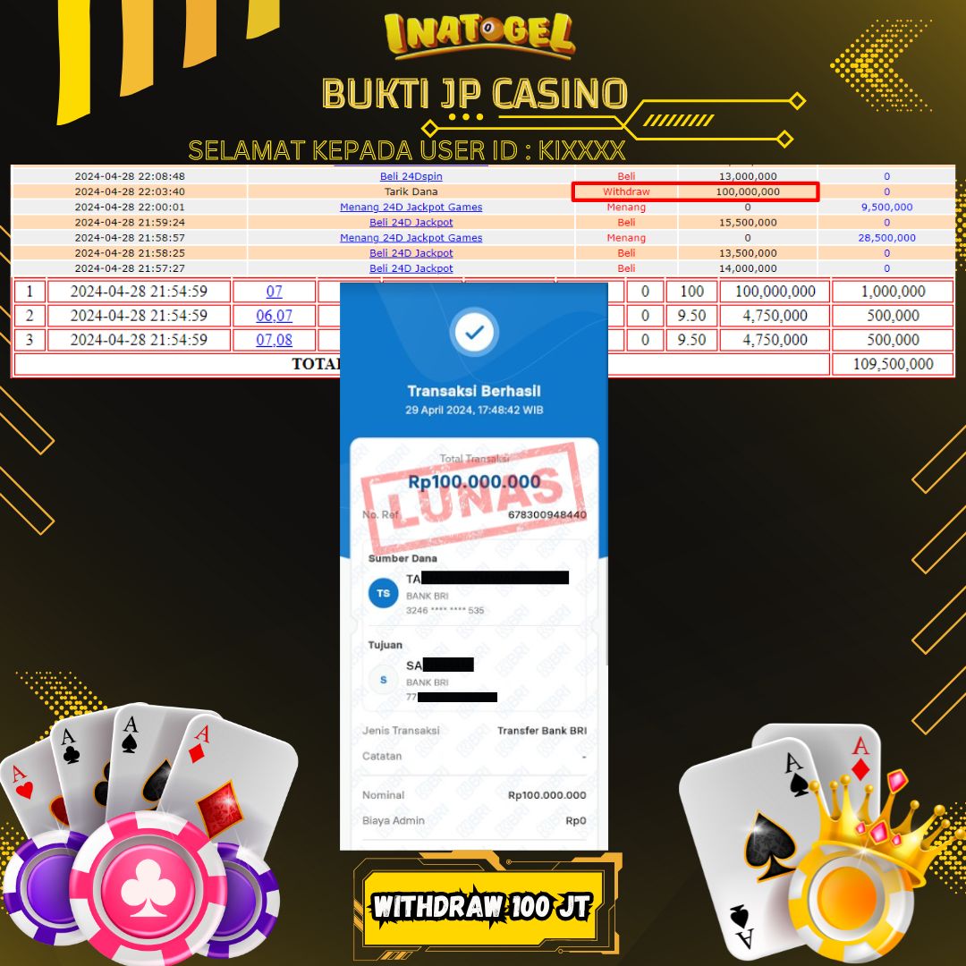 BUKTI PEMBAYARAN JP 24D JACKPORT GAMES Rp100,000,000,- LUNAS