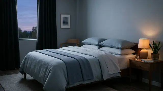 Serene minimalist bedroom at twilight with amber lamp glow and crisp linen bedding