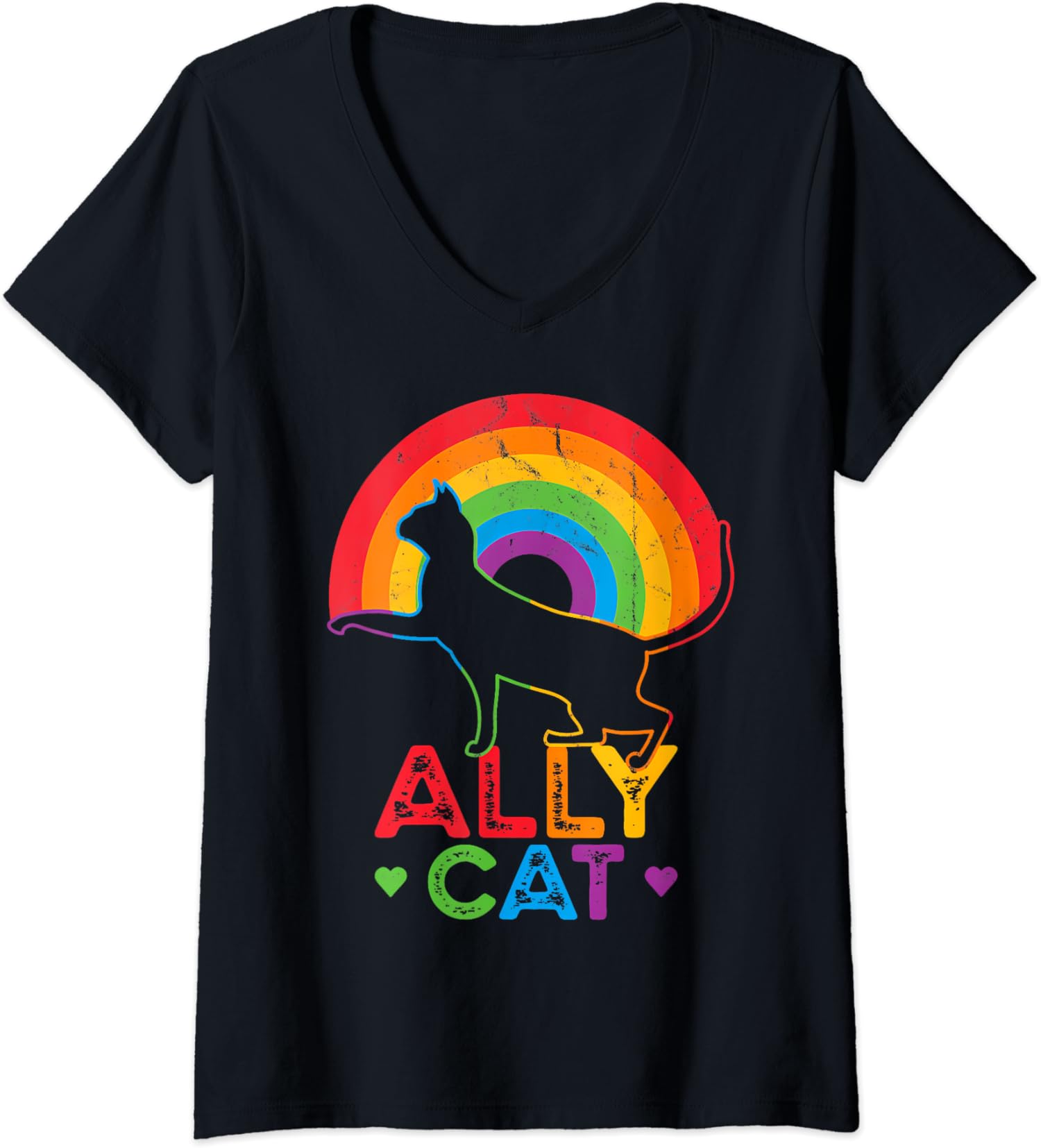 Allycat LGBT Cat With Ally Pride Rainbow Funny Pride Ladies’ V-Neck Tshirt