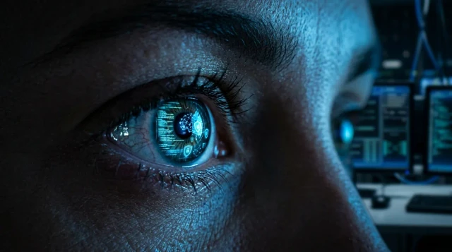 Close-up of human eye reflecting blue holographic cybersecurity data in dark room, intense vigilant mood