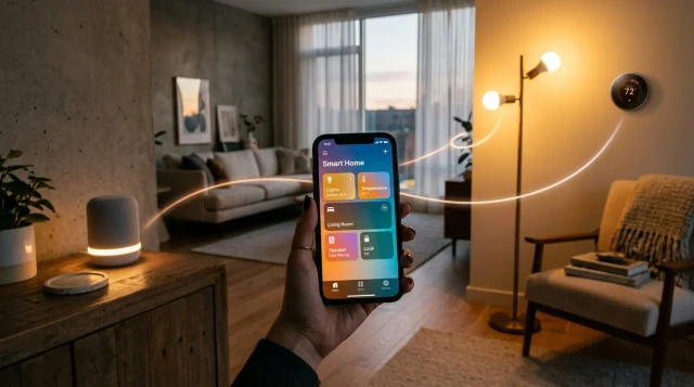 Hand holding smartphone controlling smart home devices in cozy modern living room at dusk