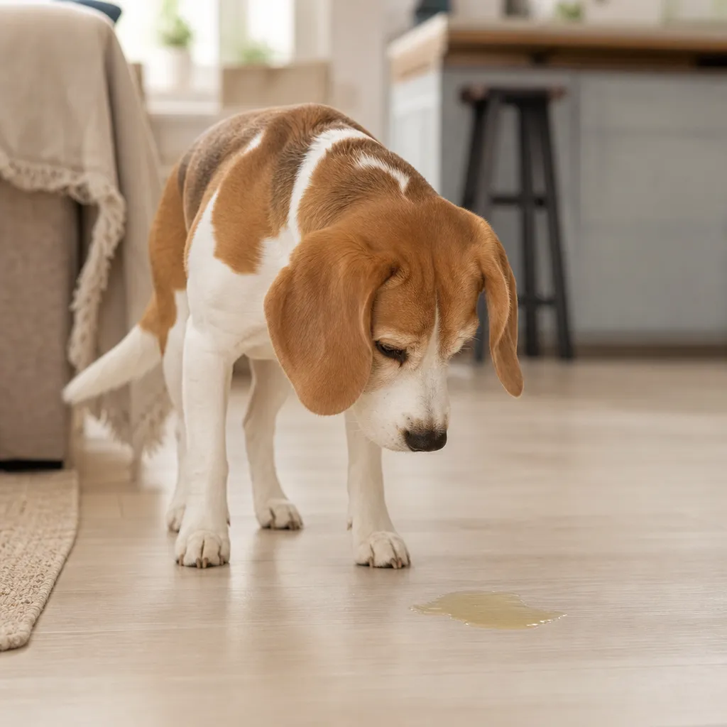 Dog beside indoor pee accident