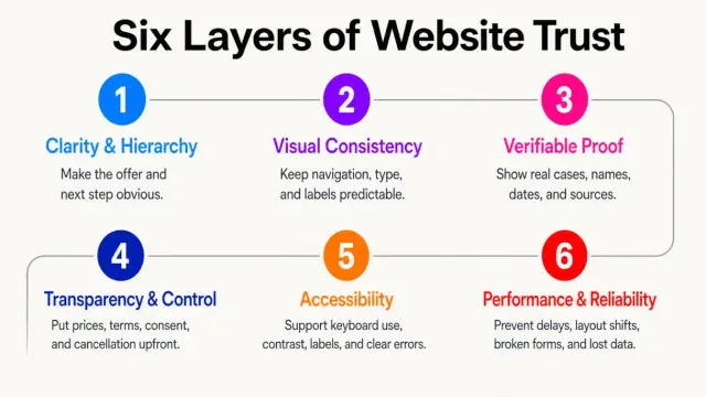 Six layers of website trust: clarity, consistency, proof, transparency, accessibility, and reliability