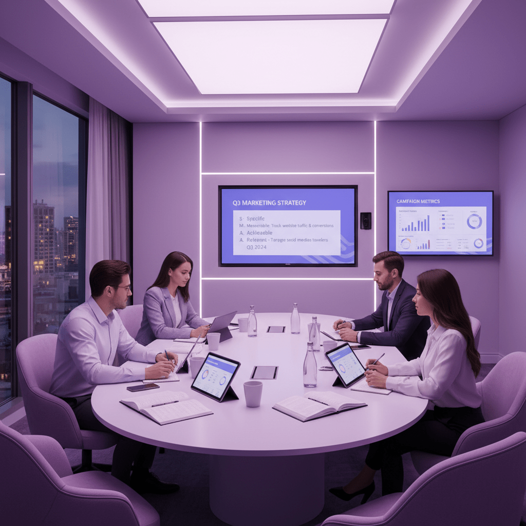 Hotel team reviewing SMART goals and campaign metrics in a modern meeting room