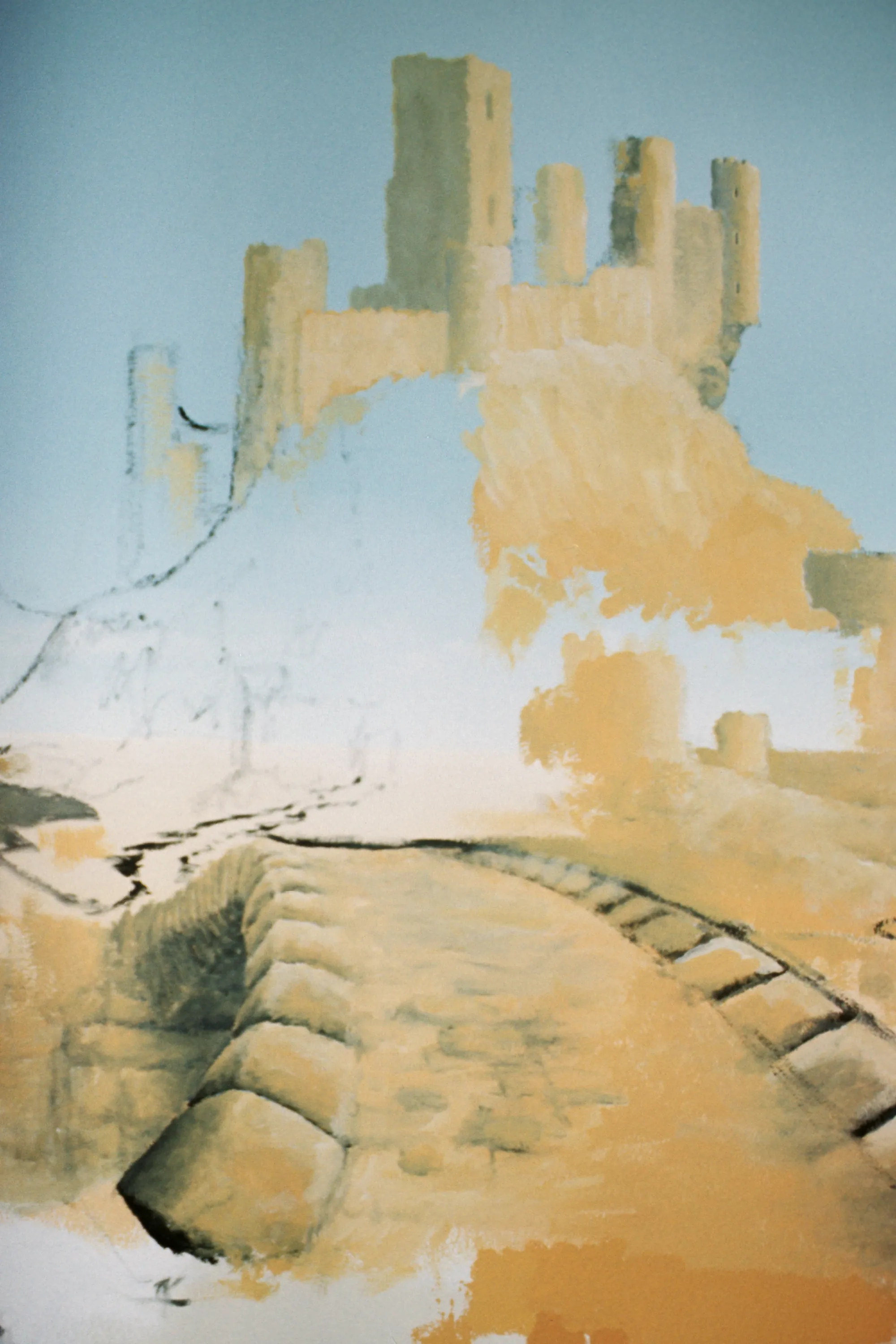 Detail of the castle in the final mural, partly completed.